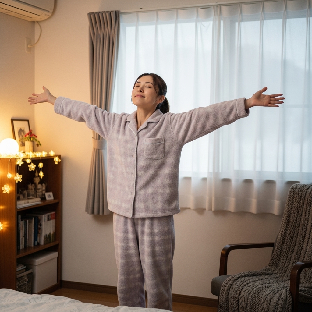 朝起きて深呼吸している様子